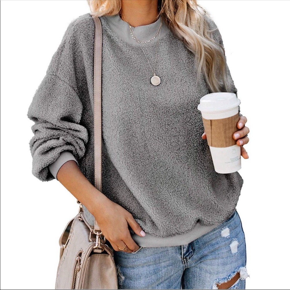 ✶NEW Fuzzy Gray Pullover Sweatshirt Coat Top✶ - Picture 2 of 8